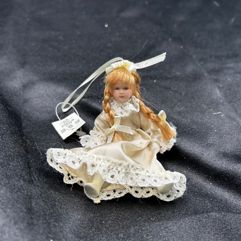 Miniature Porcelain Doll Ornament Ivory Satin Lace Dress Braided Hair Vintage